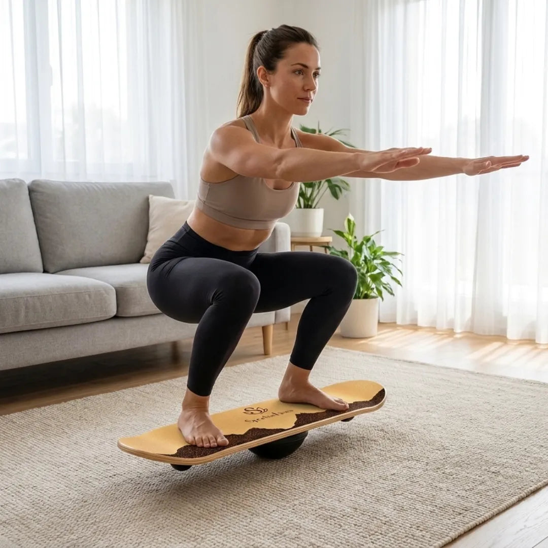 Woman performing a squat on a 360° maple balance board