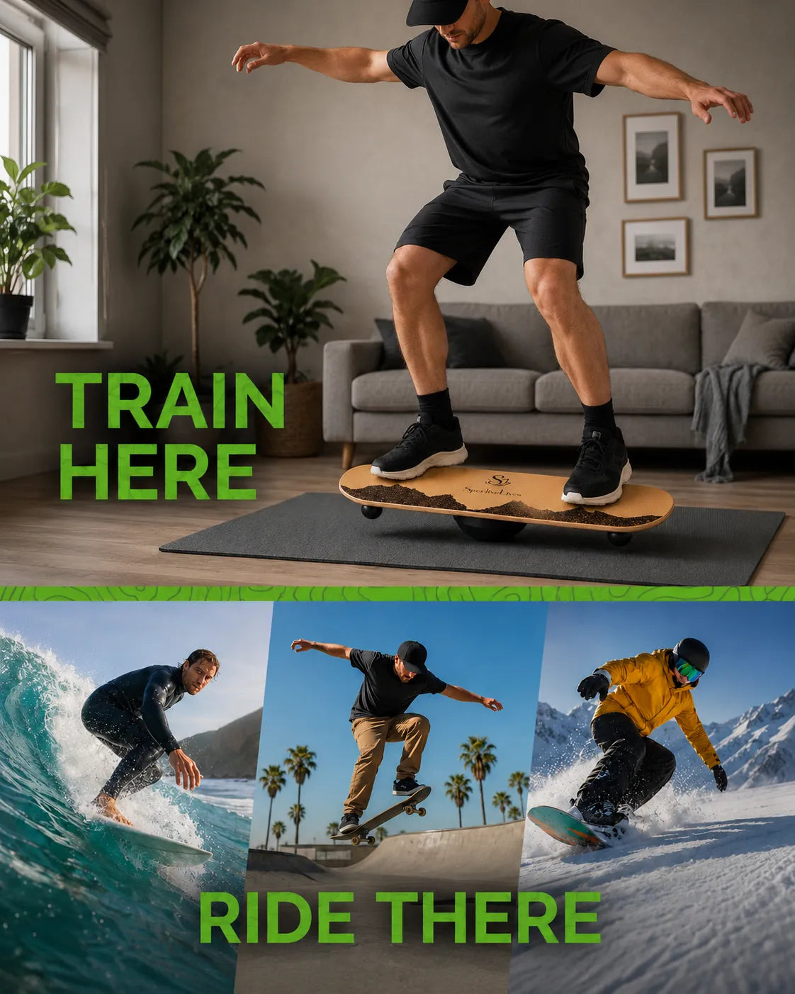 Sportive Lives balance board for indoor balance training with surf, skate and snowboard skill practice scenes.