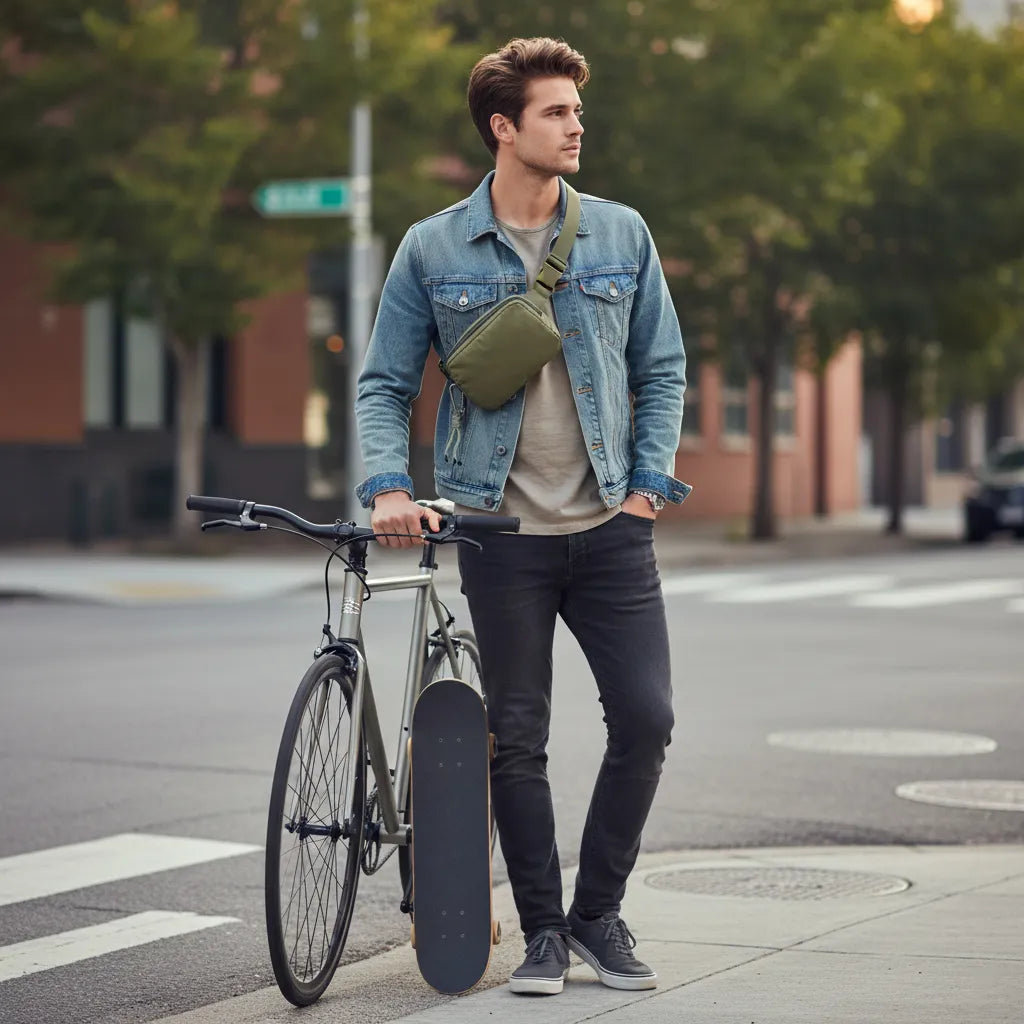 Man with bike wearing an olive waterproof nylon crossbody belt bag on a city commute — Sportive Lives.
