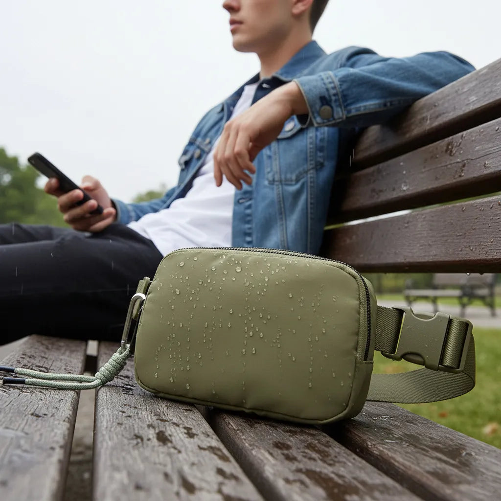 Olive waterproof nylon belt bag with rain droplets on the surface, weather-ready on a park bench.