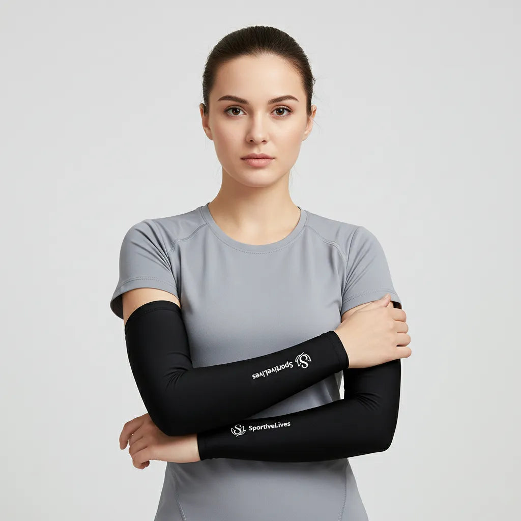 Woman in gray tee wearing black arm sleeves; cooling, stretchy UV sleeves ideal for running, cycling and everyday training.