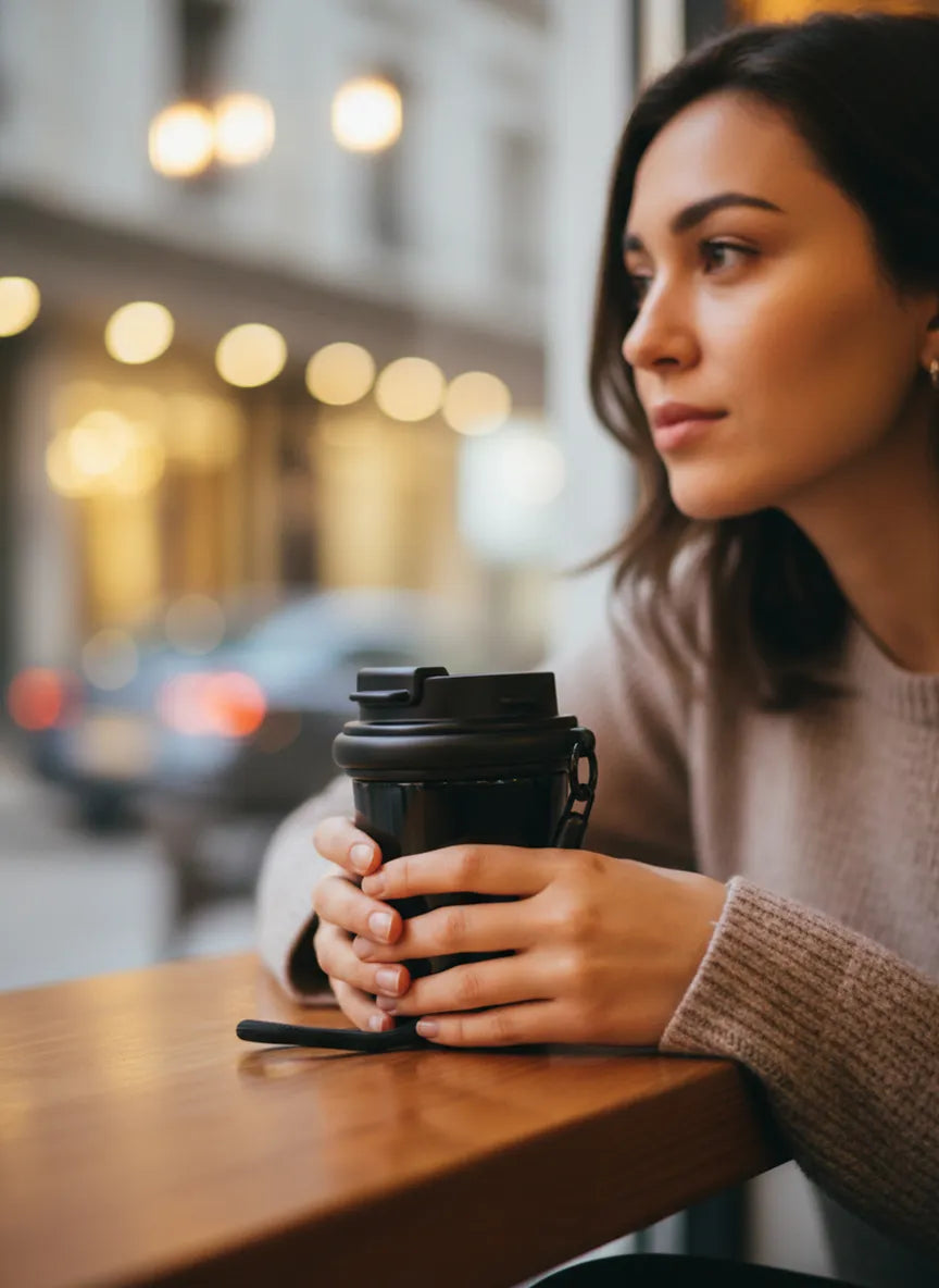 Sportive Lives black insulated travel coffee mug held by a woman in a cafe by the window with city lights in the background, Canada