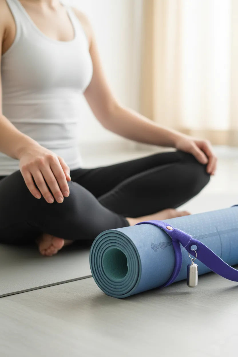 Sportive Lives blue yoga mat rolled with carry strap on the floor next to a woman sitting in an indoor yoga session in Canada
