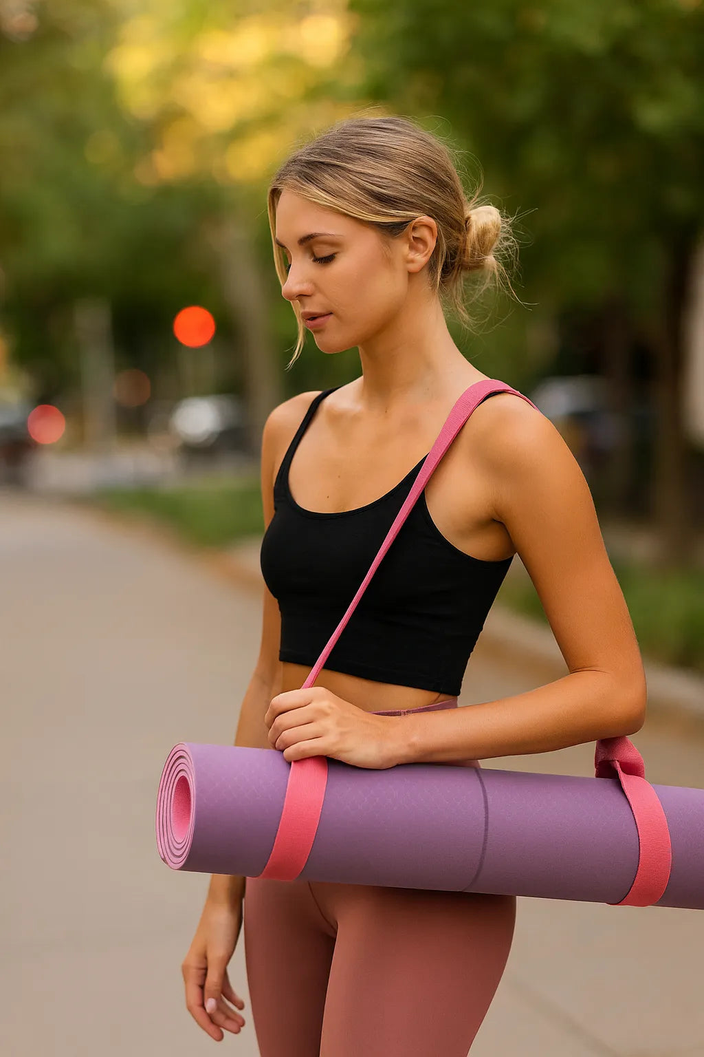 Woman carrying yoga mat with Sportive Lives Blush Pink adjustable strap in street style, chic mat sling for women in Canada.
