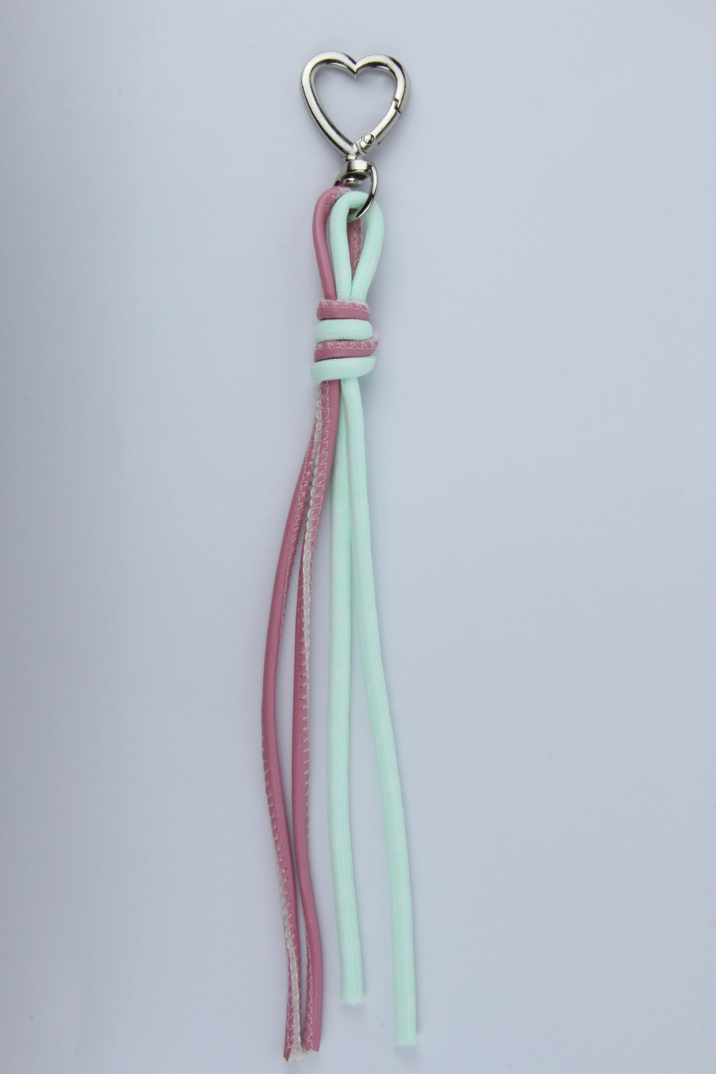 Sportive Lives braided rope bag charm keychain in Blush & Mint, Heart Clip—pastel bag accessory for fanny packs, backpacks and handbags, Canada.