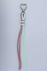 Sportive Lives braided rope bag charm keychain in Blush & Mint, Heart Clip—pastel bag accessory for fanny packs, backpacks and handbags, Canada.