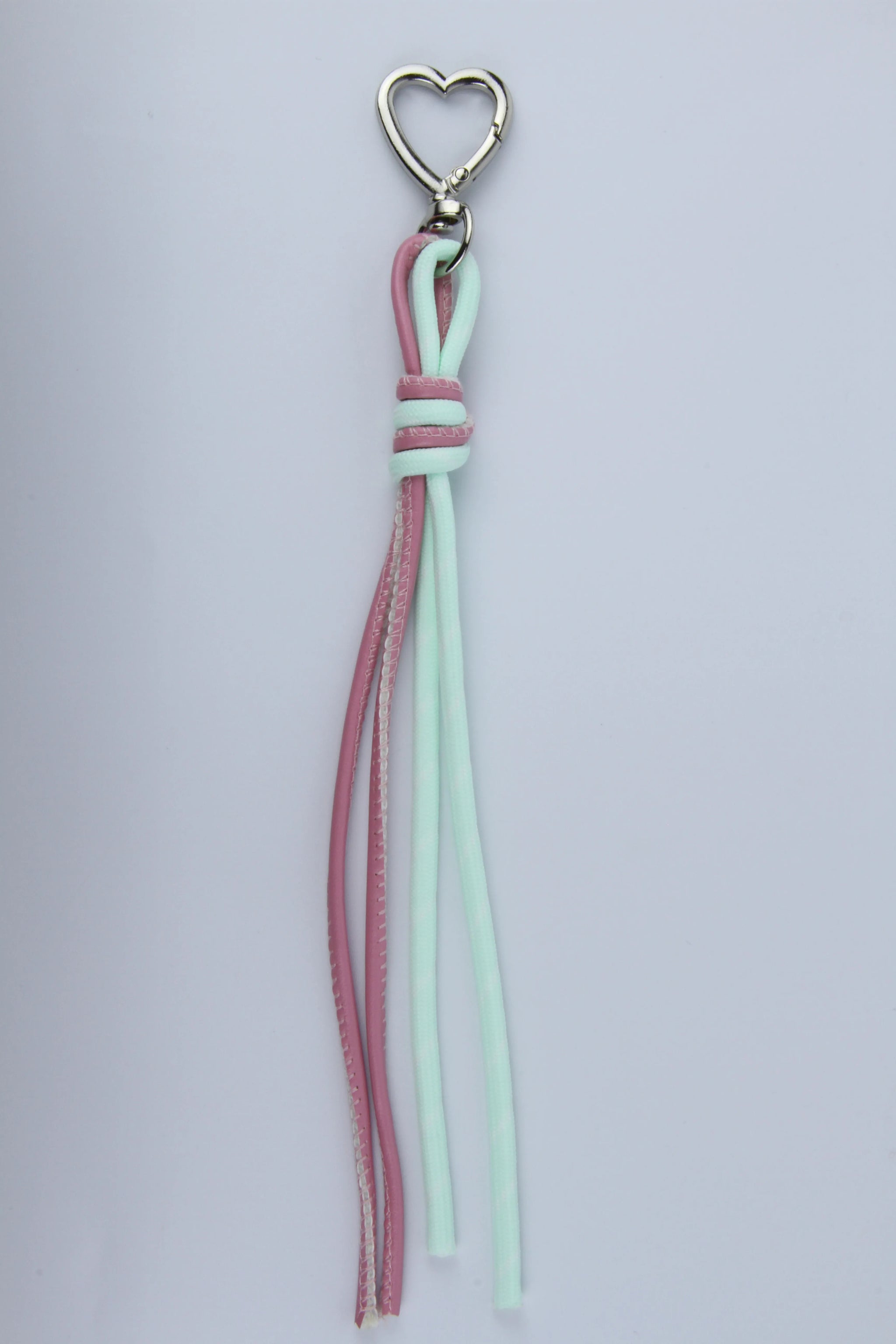 Sportive Lives braided rope bag charm keychain in Blush & Mint, Heart Clip—pastel bag accessory for fanny packs, backpacks and handbags, Canada.
