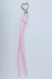 Sportive Lives braided rope bag charm keychain in Blush & White, Heart Clip—cute tassel keychain for waist bags, backpacks, totes and keys in Canada.