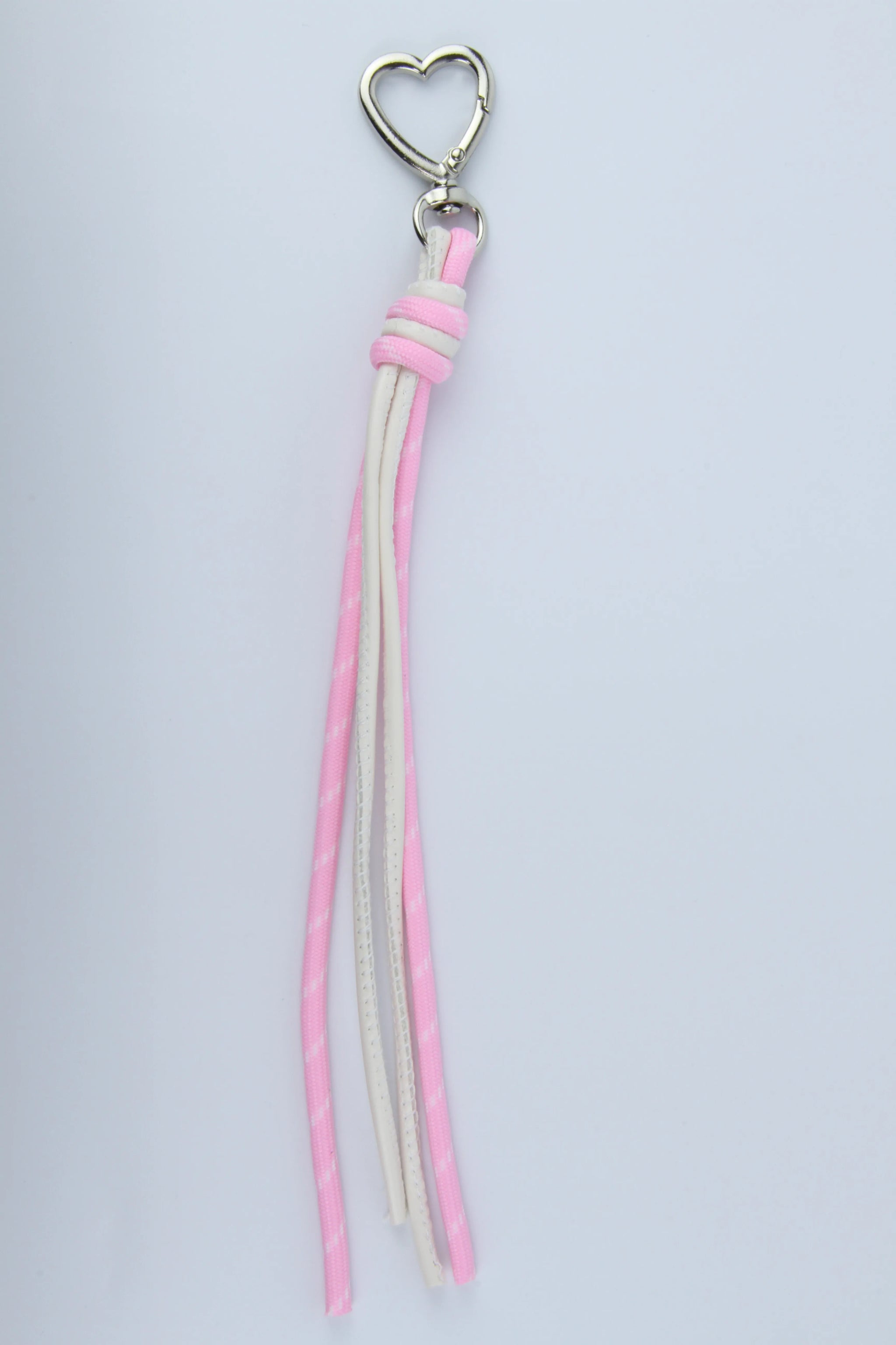 Sportive Lives braided rope bag charm keychain in Blush & White, Heart Clip—cute tassel keychain for waist bags, backpacks, totes and keys in Canada.