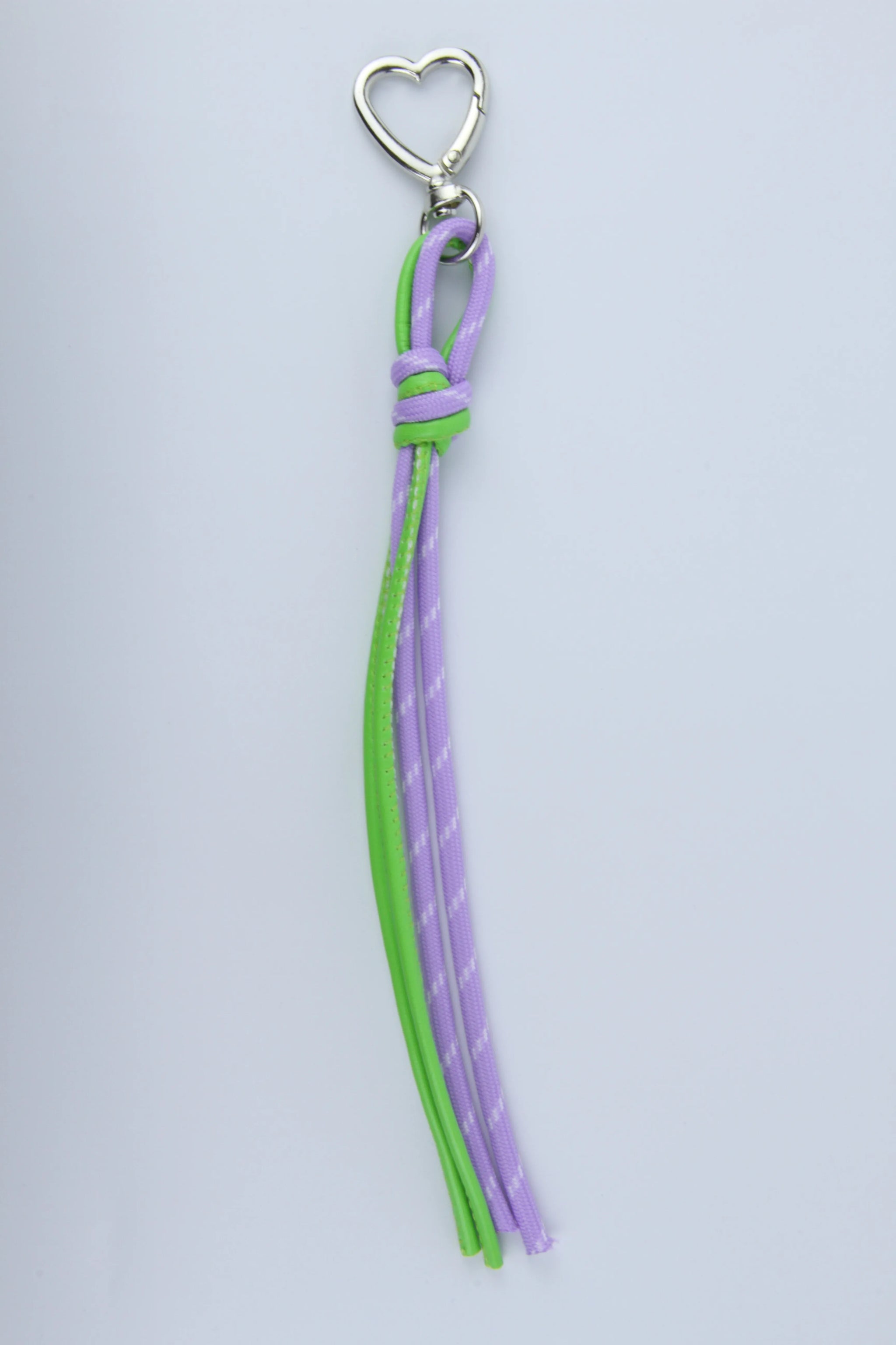 Sportive Lives braided rope bag charm keychain in Lavender & Neon Green, Heart Clip—aesthetic bag charm for backpacks, totes and fanny packs in Canada.