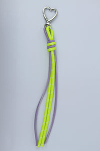 Sportive Lives braided rope bag charm keychain in Neon Lime & Lilac, Heart Clip—colorful paracord-style tassel for waist bag, backpack and key ring in Canada.