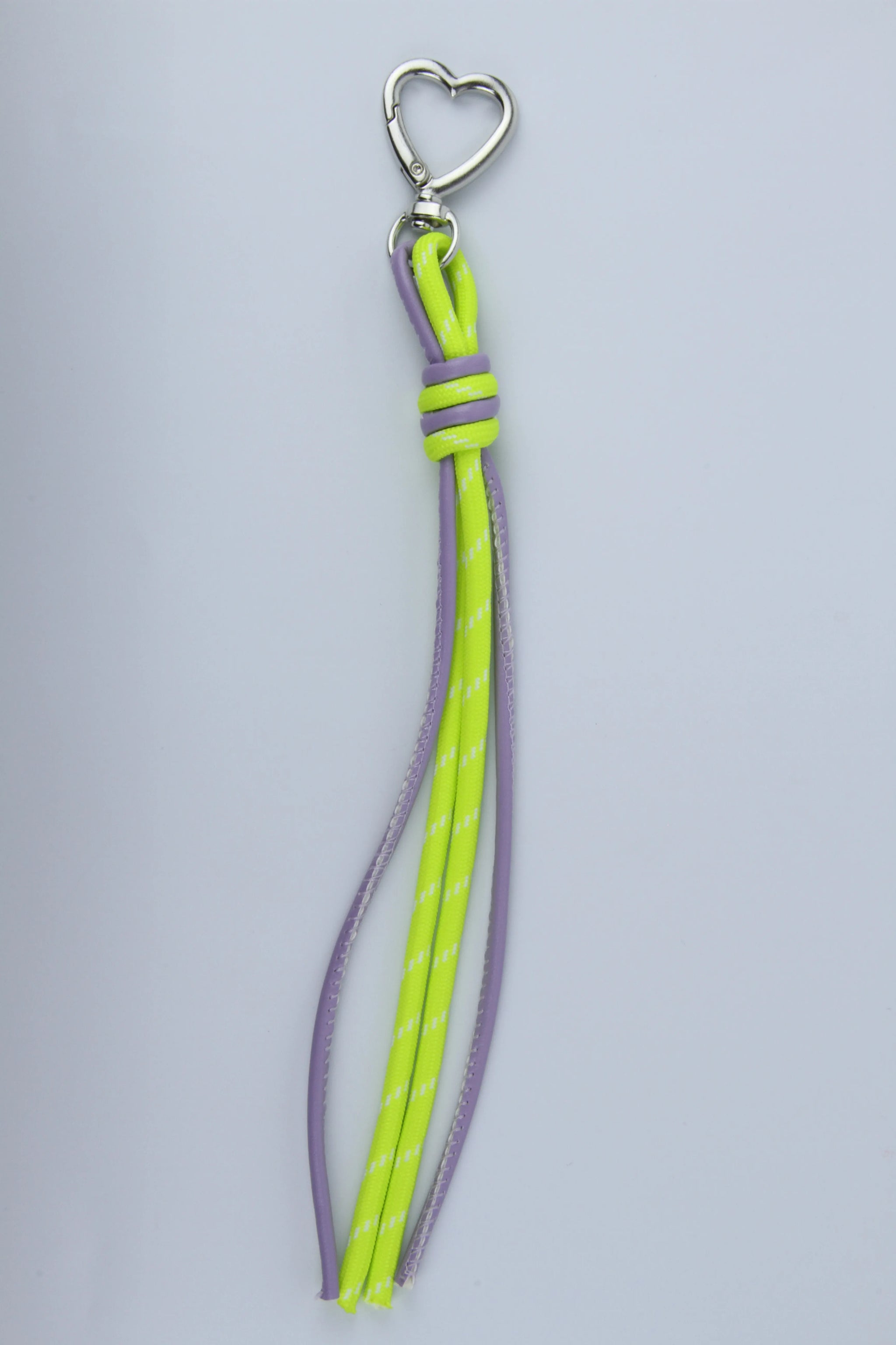Sportive Lives braided rope bag charm keychain in Neon Lime & Lilac, Heart Clip—colorful paracord-style tassel for waist bag, backpack and key ring in Canada.