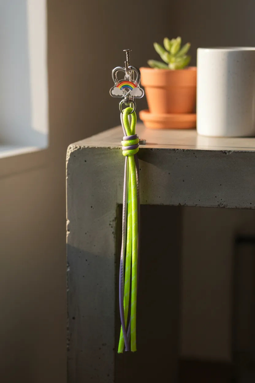 Sportive Lives braided rope bag charm keychain in Neon Lime & Lilac, Heart Clip—colorful tassel on hook by window; bag charm for fanny packs, backpacks and key rings in Canada.