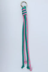 Sportive Lives braided rope bag charm keychain in Aqua & Hot Pink, Round Ring clip—colorful bag accessory for waist bags, backpacks, totes and key rings in Canada.