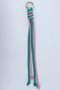 Sportive Lives braided rope bag charm keychain in Aqua & Hot Pink, Round Ring clip—colorful bag accessory for waist bags, backpacks, totes and key rings in Canada.