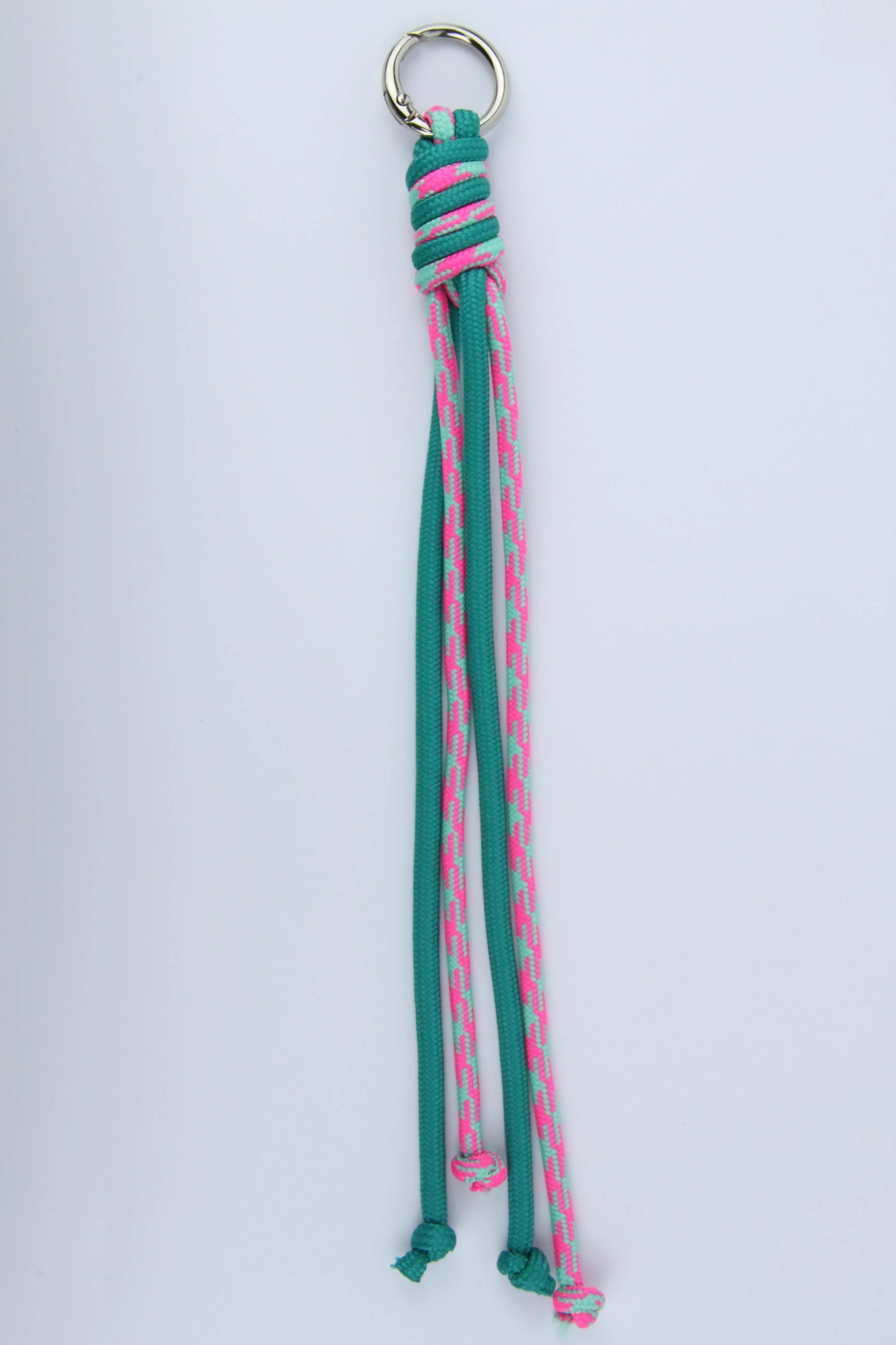 Sportive Lives braided rope bag charm keychain in Aqua & Hot Pink, Round Ring clip—colorful bag accessory for waist bags, backpacks, totes and key rings in Canada.