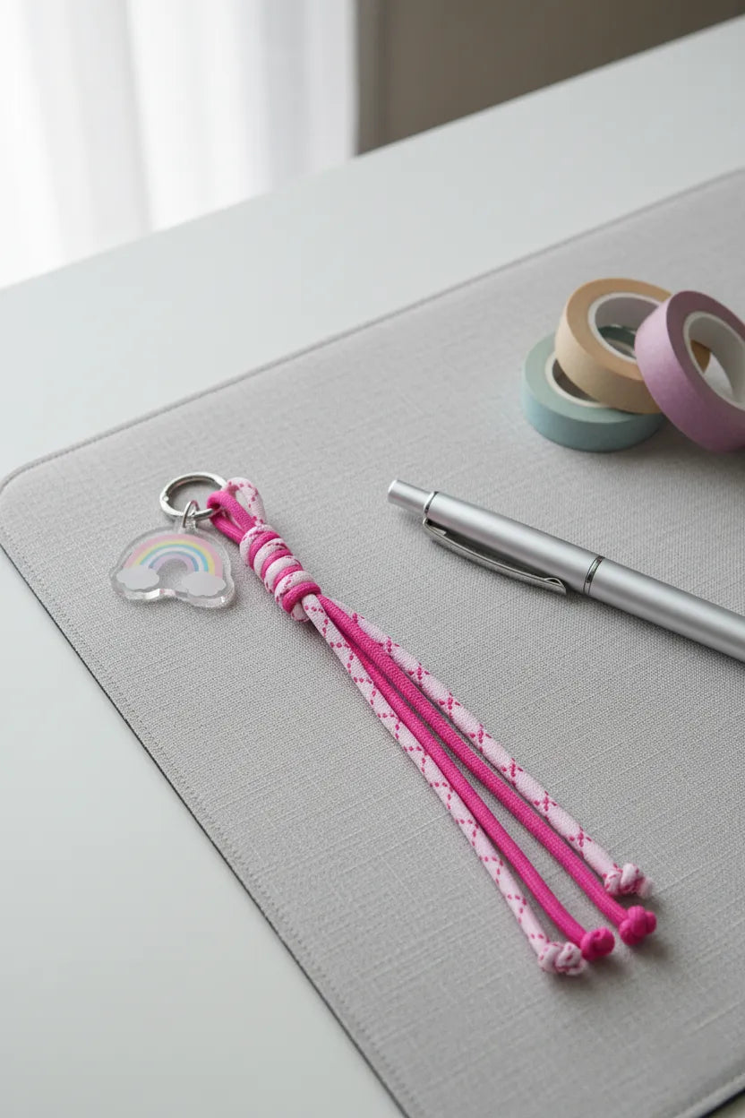 Sportive Lives braided rope bag charm keychain in Hot Pink & Light Pink, Round Ring—desk flat lay with rainbow charm; cute keychain for waist bags, backpacks and keys in Canada.