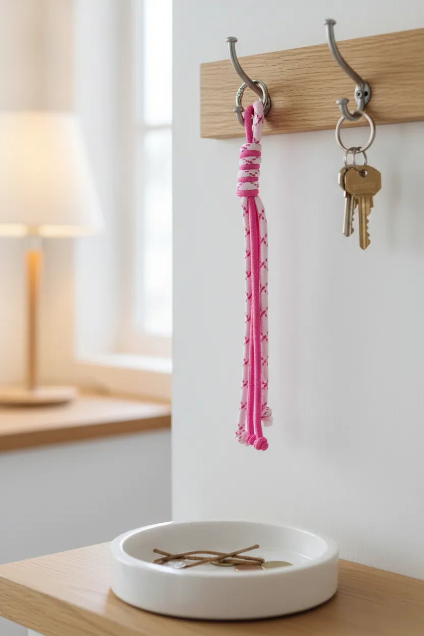 Sportive Lives braided rope bag charm keychain in Hot Pink & Light Pink, Round Ring—entryway wall hooks scene; cute zipper pull charm for handbags and keys in Canada.