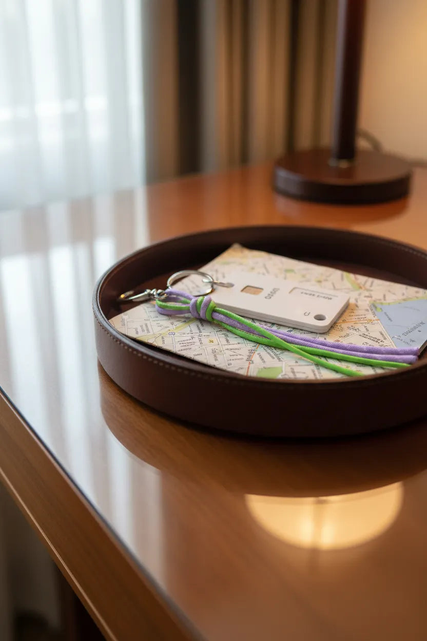 Sportive Lives braided rope bag charm keychain in Lavender & Neon Green, Round Ring—travel tray with map and keys; aesthetic bag charm for tote, backpack, waist bag in Canada.