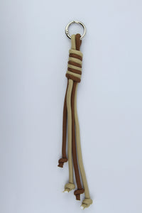 Sportive Lives braided rope bag charm keychain in Mocha & Sand, Round Ring clip—neutral tassel keychain for handbags, backpacks and waist bags, Canada.