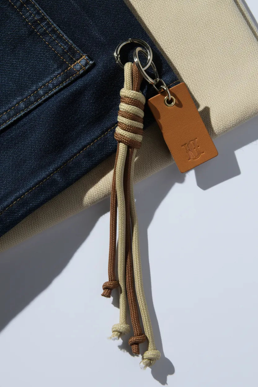 Sportive Lives braided rope bag charm keychain in Mocha & Sand, Round Ring—neutral bag accessory on denim and canvas tote; purse charm for everyday carry in Canada.