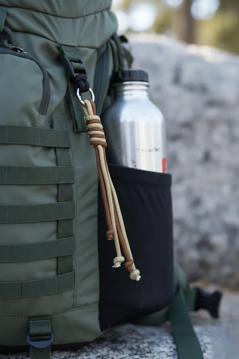 Sportive Lives braided rope bag charm keychain in Mocha & Sand, Round Ring—attached to hiking backpack; durable bag accessory for outdoor travel in Canada.