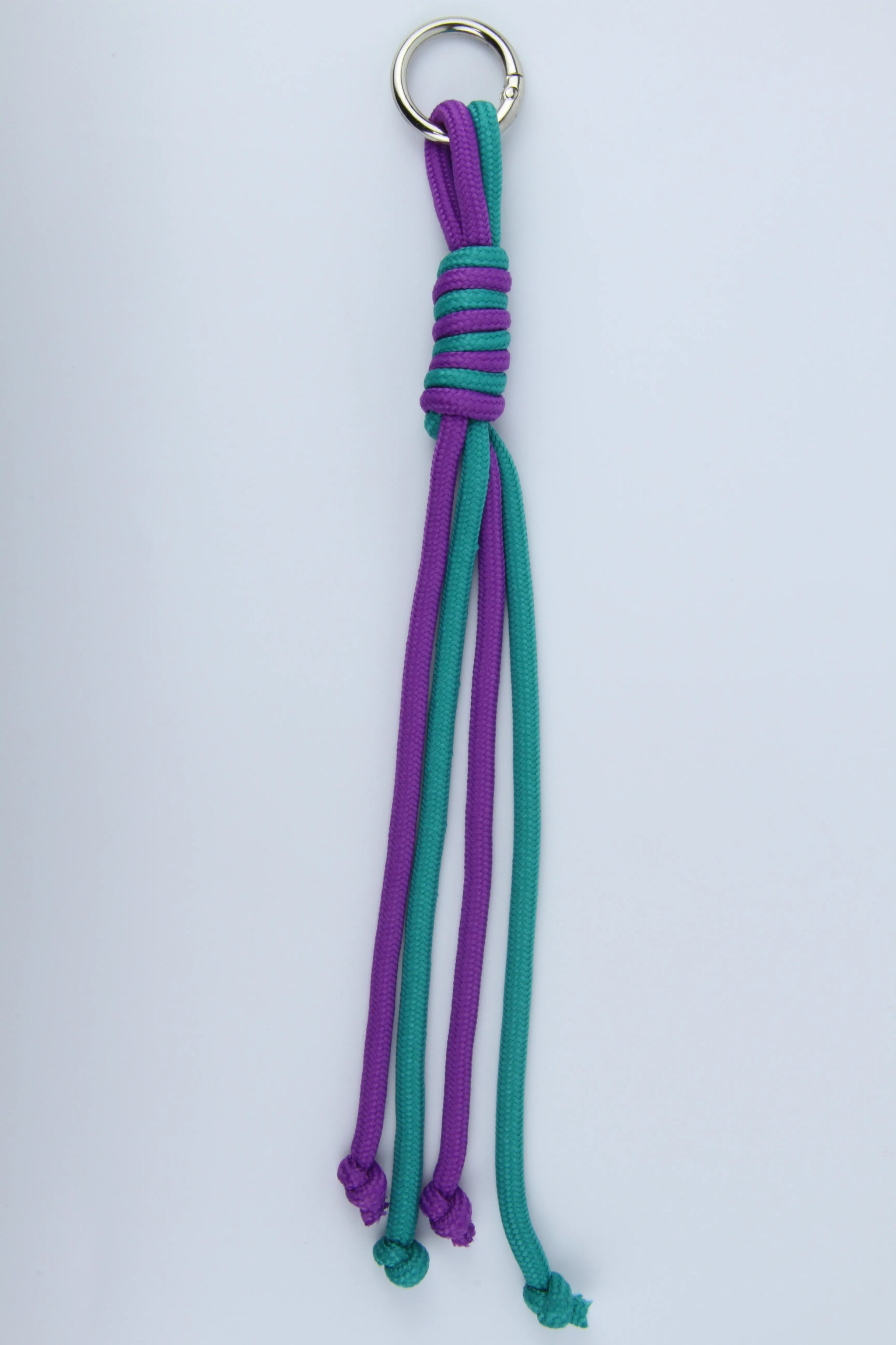 Sportive Lives braided rope bag charm keychain in Teal & Purple, Round Ring—braided rope tassel keychain for waist bag, backpack and tote, Canada.