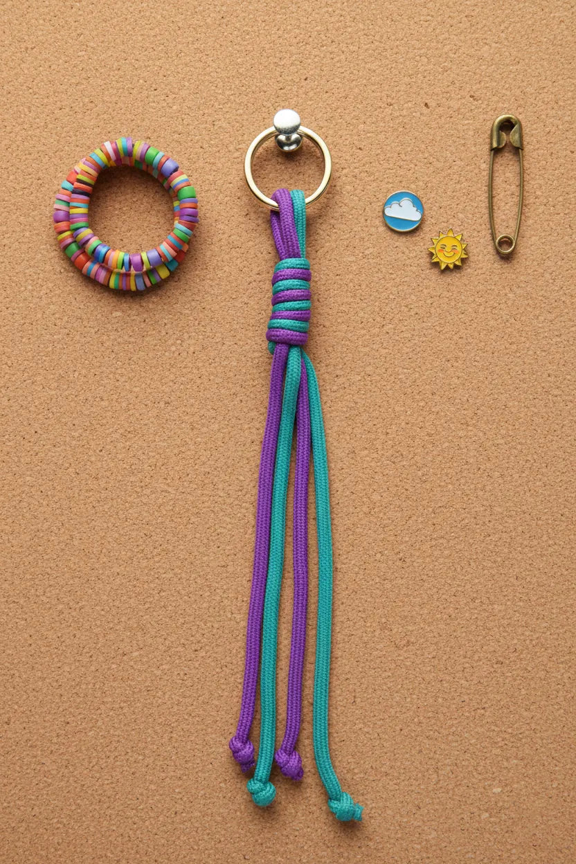 Sportive Lives braided rope bag charm keychain in Teal & Purple, Round Ring—flat lay on corkboard; braided rope paracord-style charm for backpacks and waist bags in Canada.
