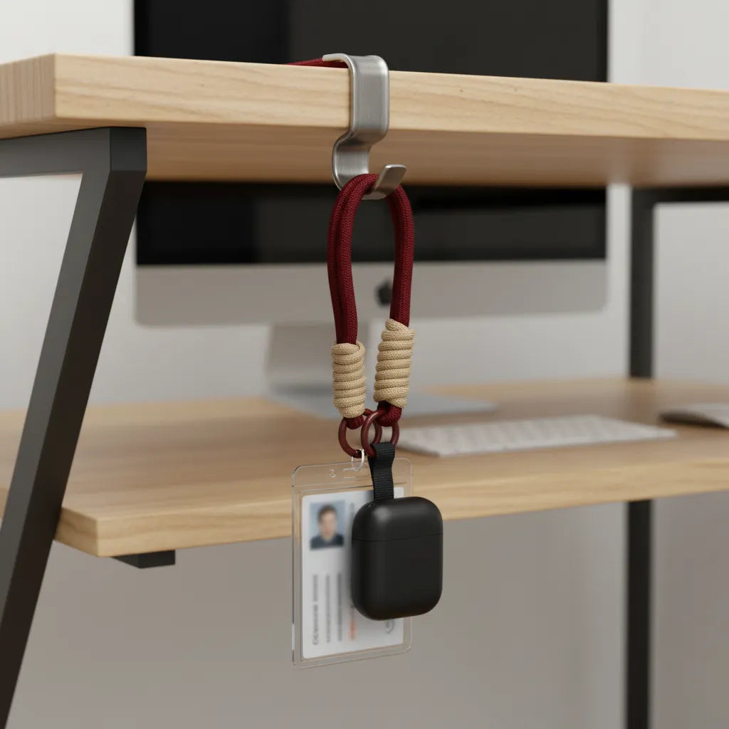 Sportive Lives braided rope keychain lanyard in Khaki & Burgundy—ID badge holder and AirPods accessory hanging from desk hook; EDC key ring (Canada).