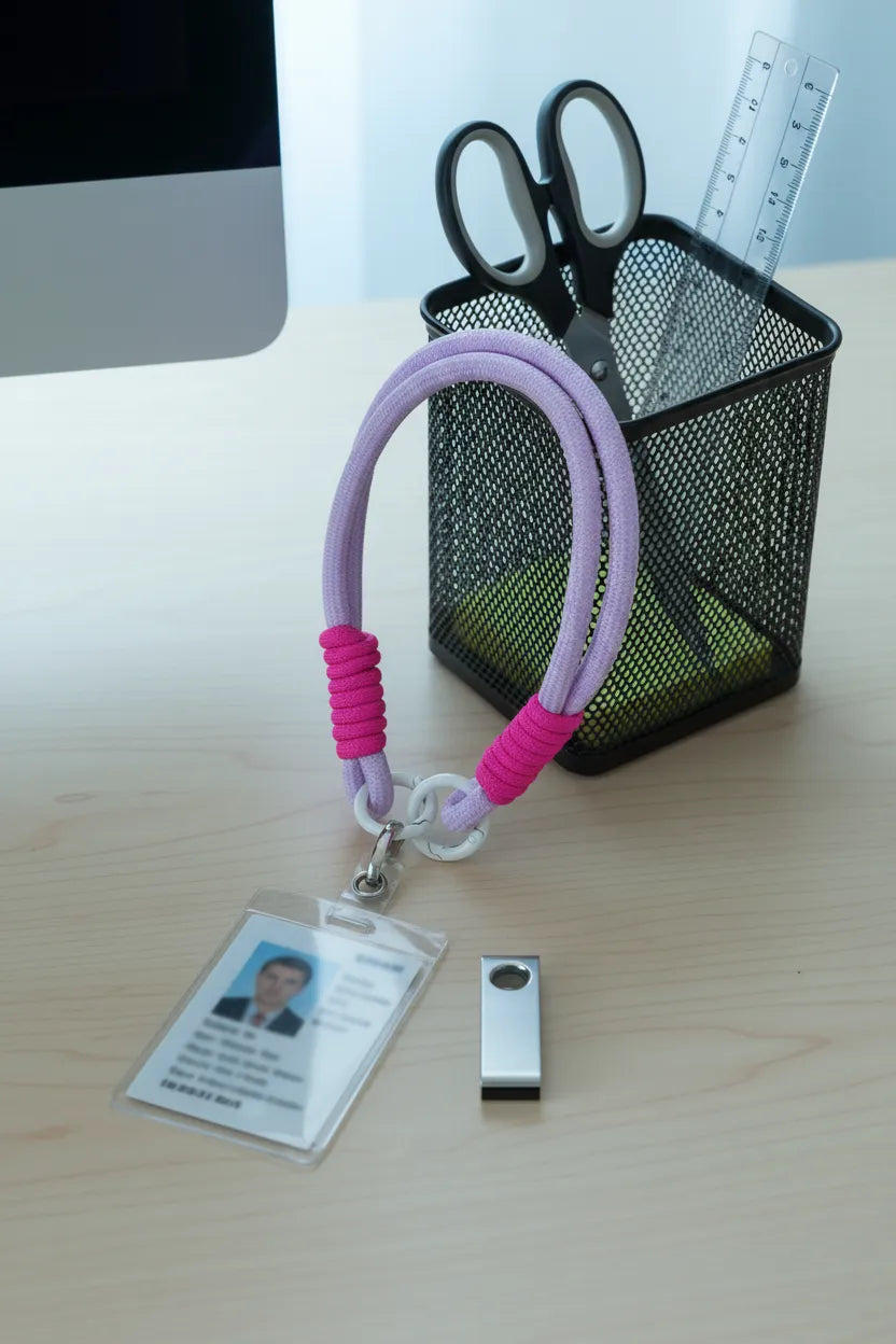 Sportive Lives braided rope lanyard in Pink & Lavender—ID badge keychain by office supplies; wrist lanyard and bag charm (Canada).