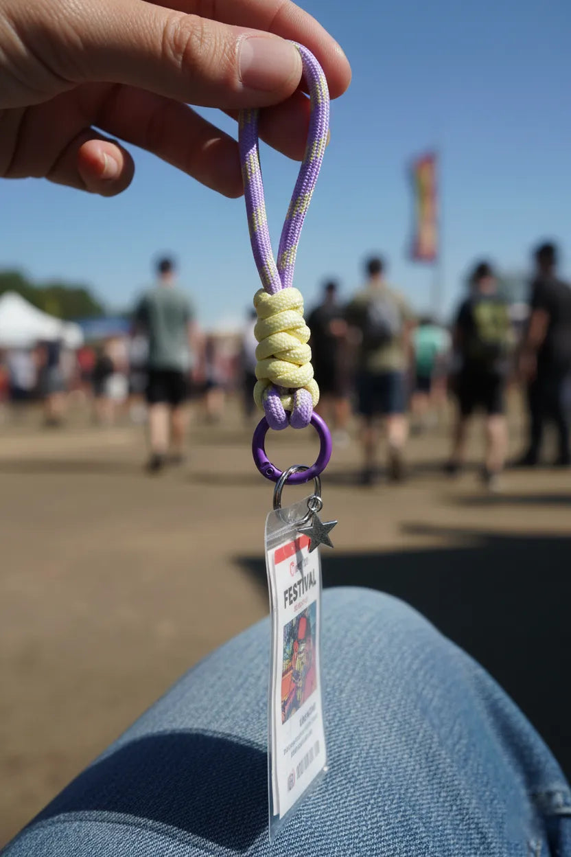 Sportive Lives lilac + butter braided rope charm with purple quick-clip ring holding a festival pass/badge—lanyard alternative, lightweight and durable, Canada.