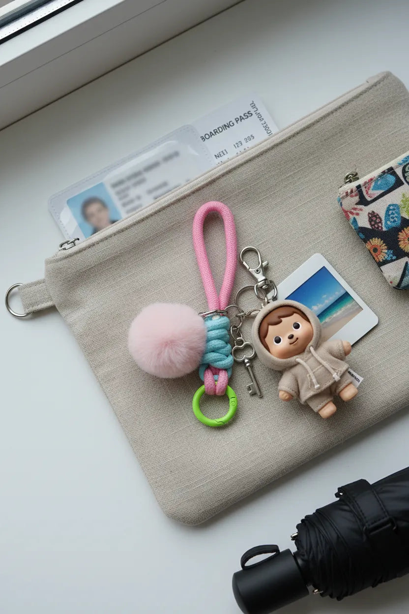 Flat-lay of pink + mint braided rope charm attached to keys, pom pom and mini doll on a travel pouch—bag charm/keychain for trips and everyday carry; Sportive Lives accessories, Canada.