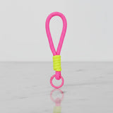 Sportive Lives braided rope mug charm in hot pink with neon-yellow wrap and pink ring—clip-on mug handle, keychain and bag charm, lightweight and durable, 15 colours, Canada.