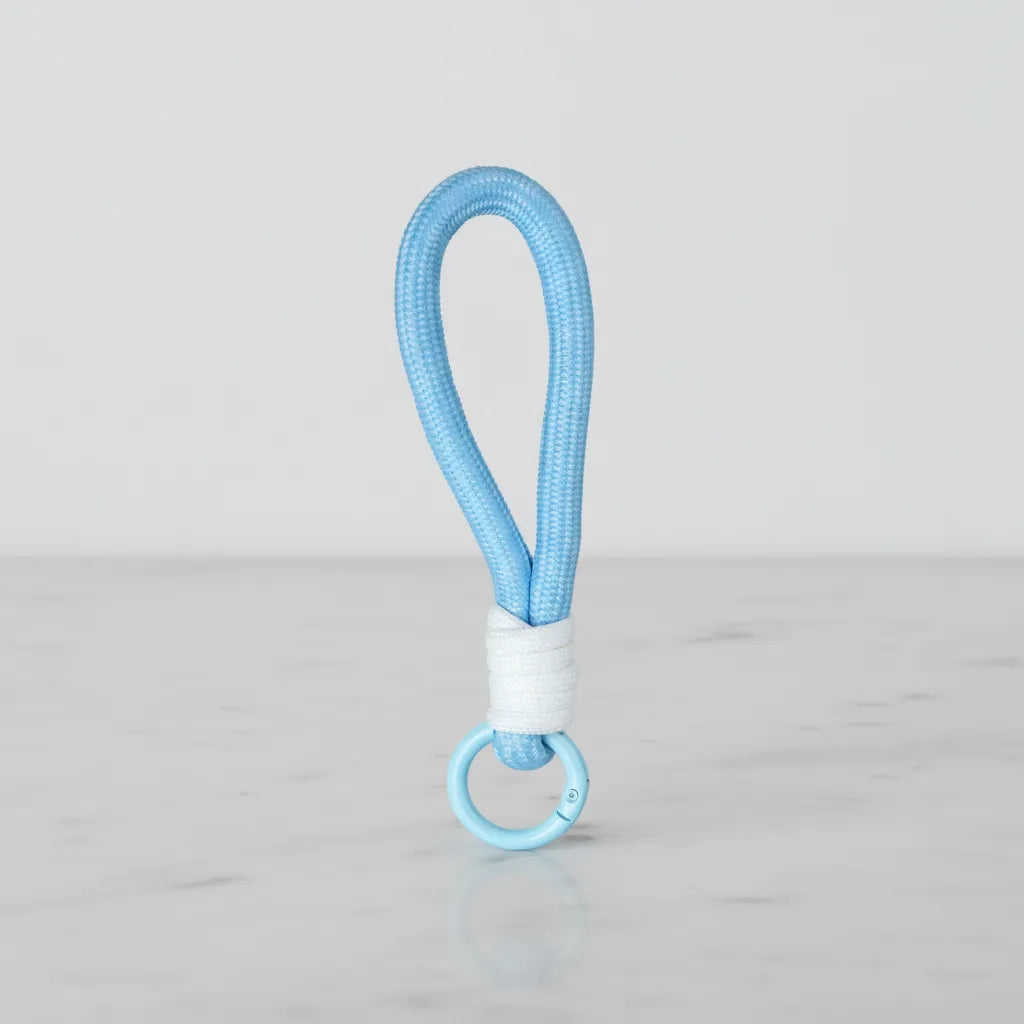 Ice blue rope charm with white wrap—mini mug handle & key ring, Sportive Lives Canada.