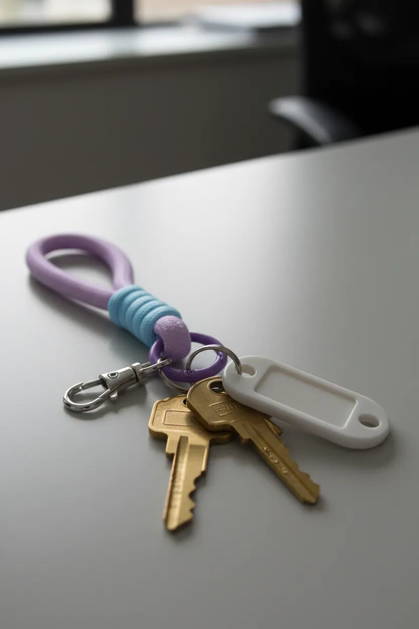 Close-up of lilac rope charm with ice-blue wrap and purple ring used as a keychain on an office desk—EDC accessory for keys, bags, purses by Sportive Lives, Canada.