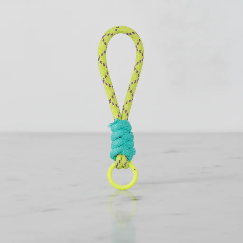 Neon lime rope with aqua wrap—clip-on cup handle / keychain charm, Sportive Lives Canada.