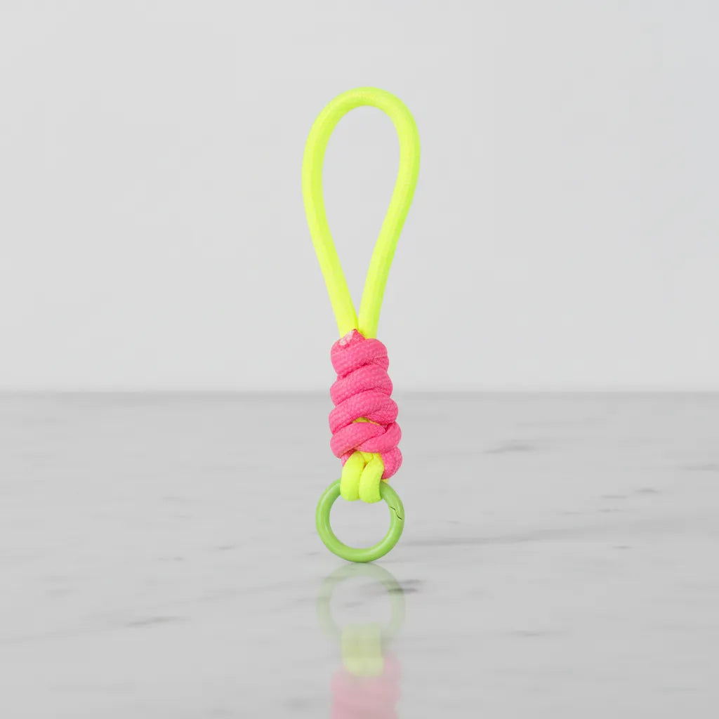Neon yellow rope charm with pink wrap and green quick-clip ring—mini cup handle / key ring by Sportive Lives, colourful accessory for mugs, bottles, totes, Canada.