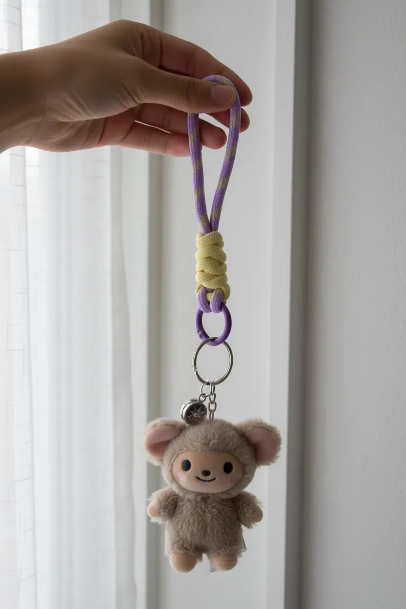 Lilac and butter rope charm used as a bag charm/key ring to hang a plush doll—cute accessory for backpacks, totes, zipper pulls, Sportive Lives Canada.