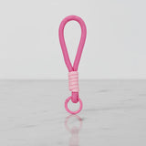 Rose pink rope with light-blush wrap and matching ring—multi-use handle/keychain charm for mini coffee mugs, water bottles and backpacks; Sportive Lives, Canada.