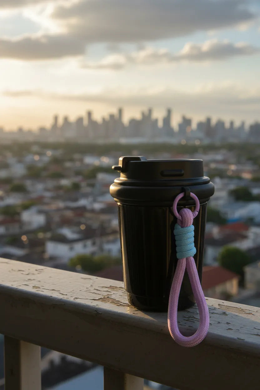 Sportive Lives braided rope mug charm in lilac with mint wrap clipped to a black travel mug at sunset—clip-on mug handle / drinkware accessory, city skyline, Canada.