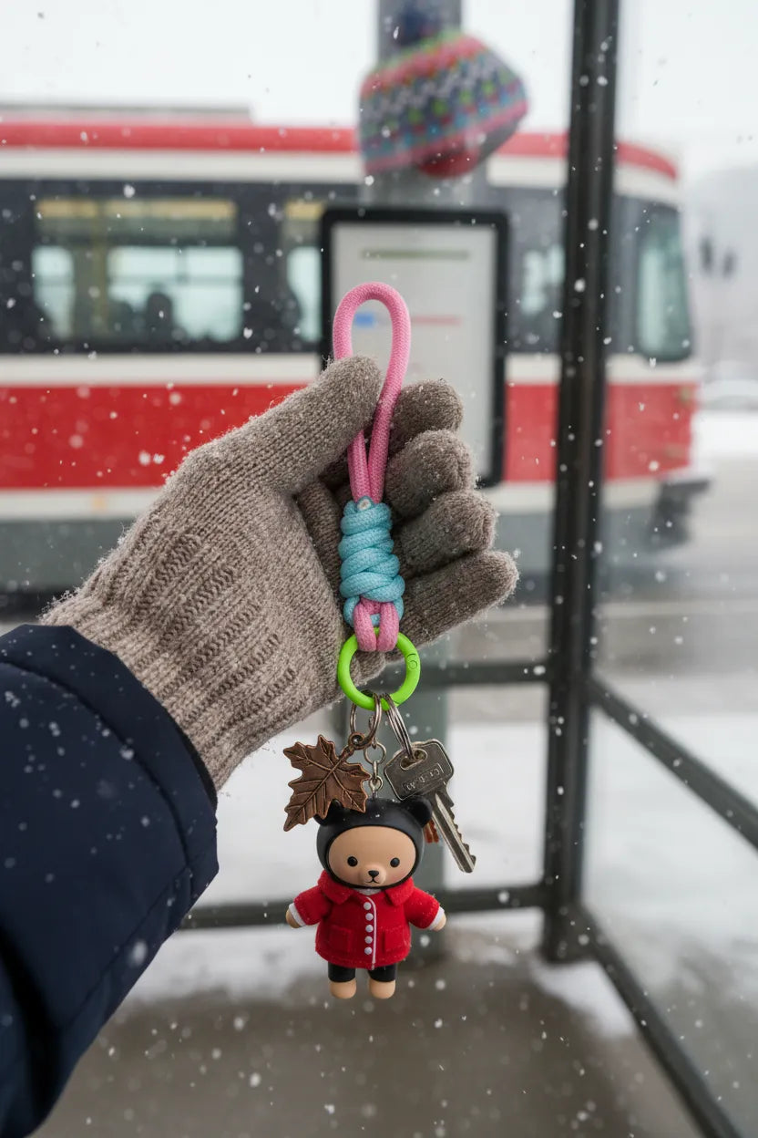 Winter commute scene: pink rope charm with mint wrap and green ring holding keys and charms—easy-grip keychain for gloves in snow, TTC/streetcar background, Sportive Lives, Canada.