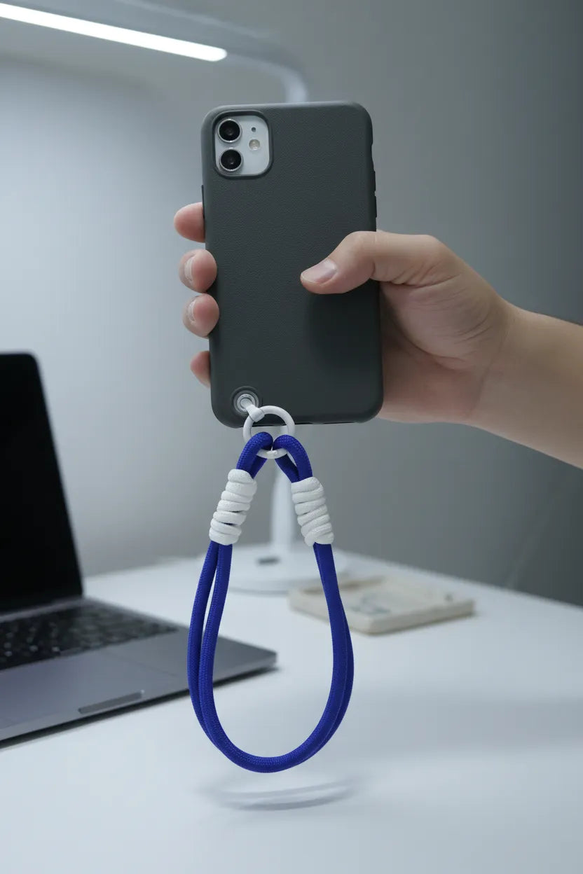 Sportive Lives braided rope phone wrist lanyard in Royal Blue & White—secure keychain strap attached to smartphone; drop protection (Canada).