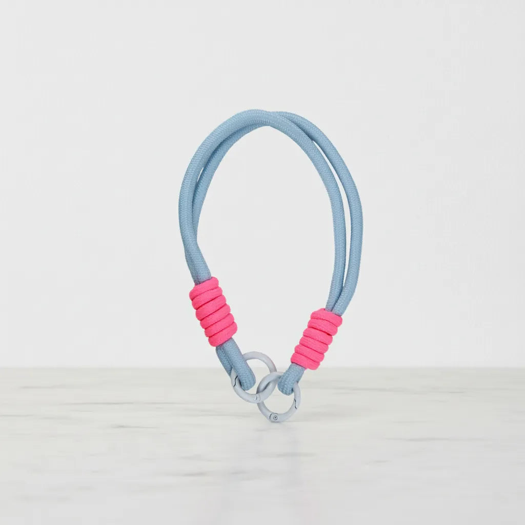 Braided Rope Travel Mug Charm in Hot Pink & Sky Blue by Sportive Lives — colorful charm for tumblers, bags, and keychains (Canada).