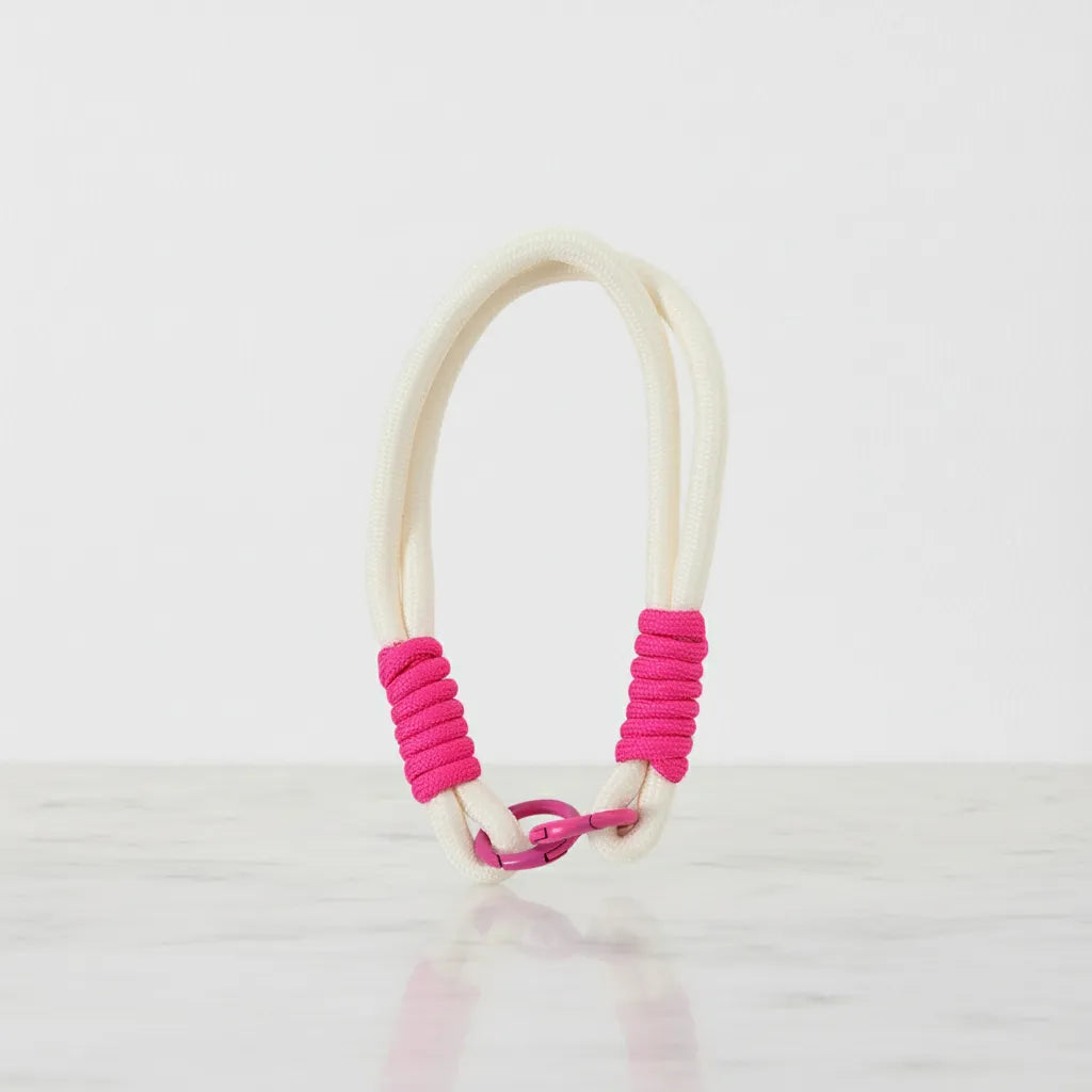 Braided Rope Travel Mug Charm in Hot Pink & White by Sportive Lives — trendy clip-on accessory for water bottles, cups, and bags (Canada).