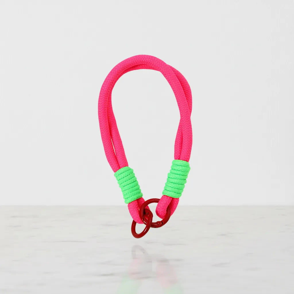 Braided Rope Travel Mug Charm in Neon Green & Magenta by Sportive Lives — vibrant and practical clip-on accessory for tumblers and bags (Canada).