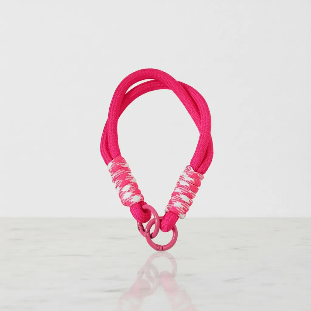 Braided Rope Travel Mug Charm in White Mix & Hot Pink by Sportive Lives — eye-catching charm for tumblers, bottles, and bags (Canada).