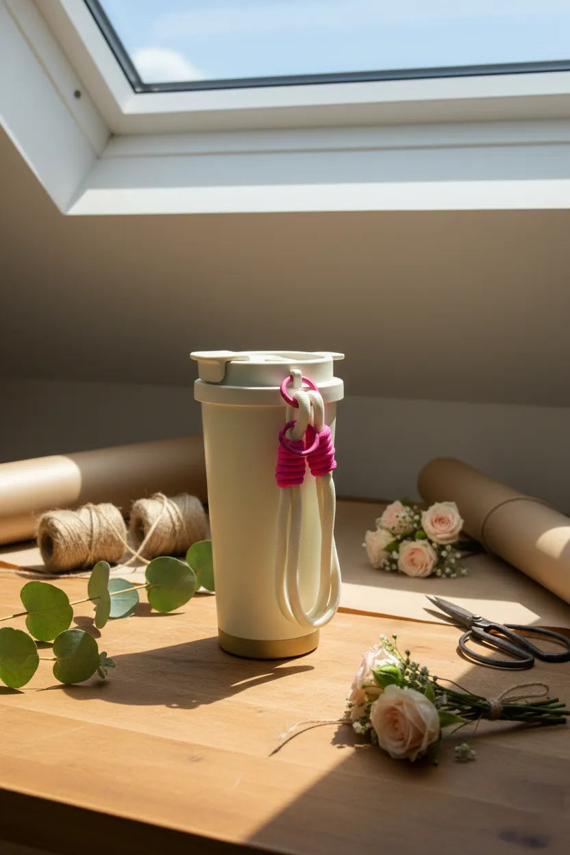 Sportive Lives braided rope charm in Hot Pink & White—clip-on lanyard on cream travel mug; bag charm/key ring in floral workspace (Canada).