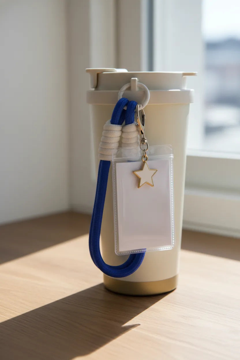 Braided rope tumbler charm in Royal Blue & White by Sportive Lives—clips to travel mug with ID badge and star pendant; keychain lanyard (Canada).