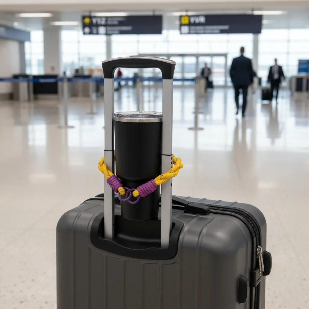 Purple & Yellow twist braided rope charm by Sportive Lives—secures tumbler to suitcase handle at airport; travel keychain lanyard (Canada).