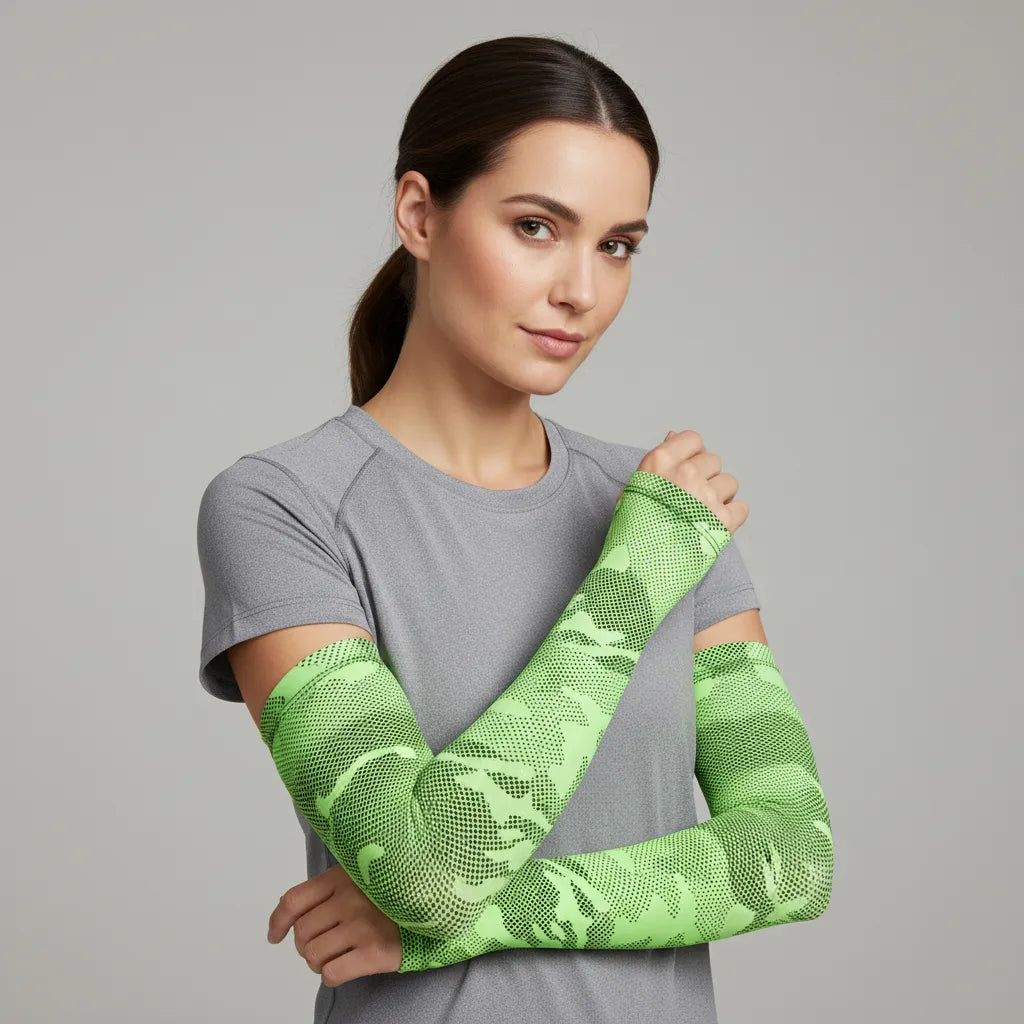 Model wearing green camo UV arm sleeves; cooling, breathable sun sleeves with secure fit — Sportive Lives Canada